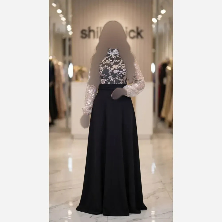 پیراهن مجلسی زنانه مدل هاریکا جنس فلامنت و تور رنگ مشکی قد 160