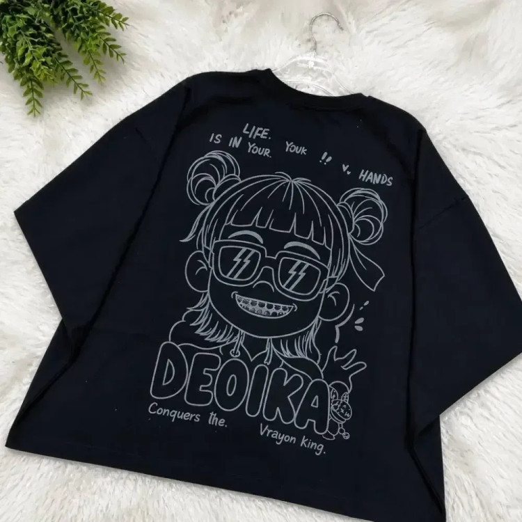 تیشرت باکسی پاپیون پفکی نخ پنبه مشکی فری سایز