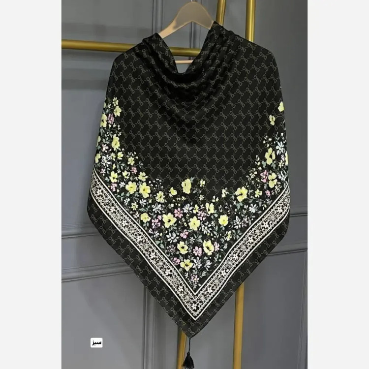 روسری نخی قواره 130 طرح گل دی رنگ سبز و کرم