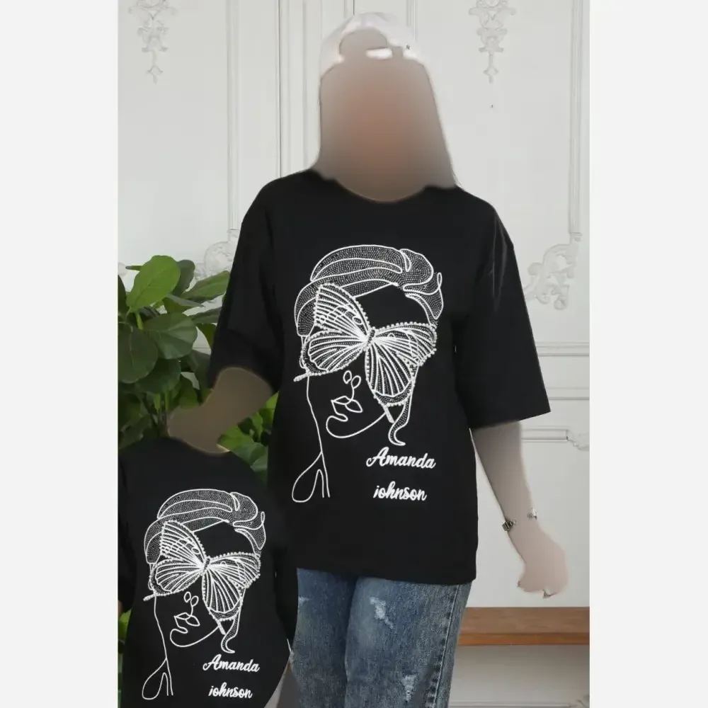 تیشرت زنانه مشکی نخ پنبه نگین مروارید فری سایز تا 48