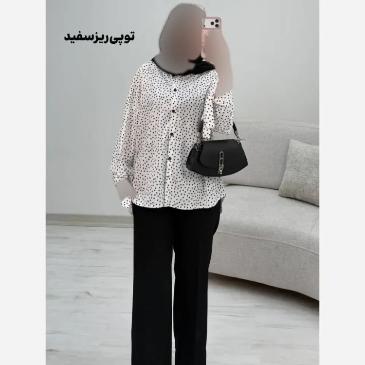 شومیز طرحدار چیچک کرپ الیزه چاپی فری سایز 38 تا 46 قد 135 قداستین 45 دوربازو 40 دورسینه 110 کمربنددار