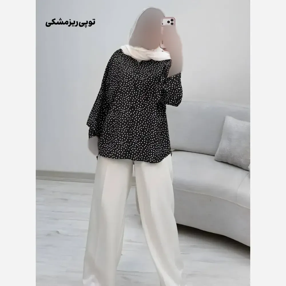 شومیز طرحدار چیچک کرپ الیزه چاپی فری سایز 38 تا 46 قد 135 قداستین 45 دوربازو 40 دورسینه 110 کمربنددار