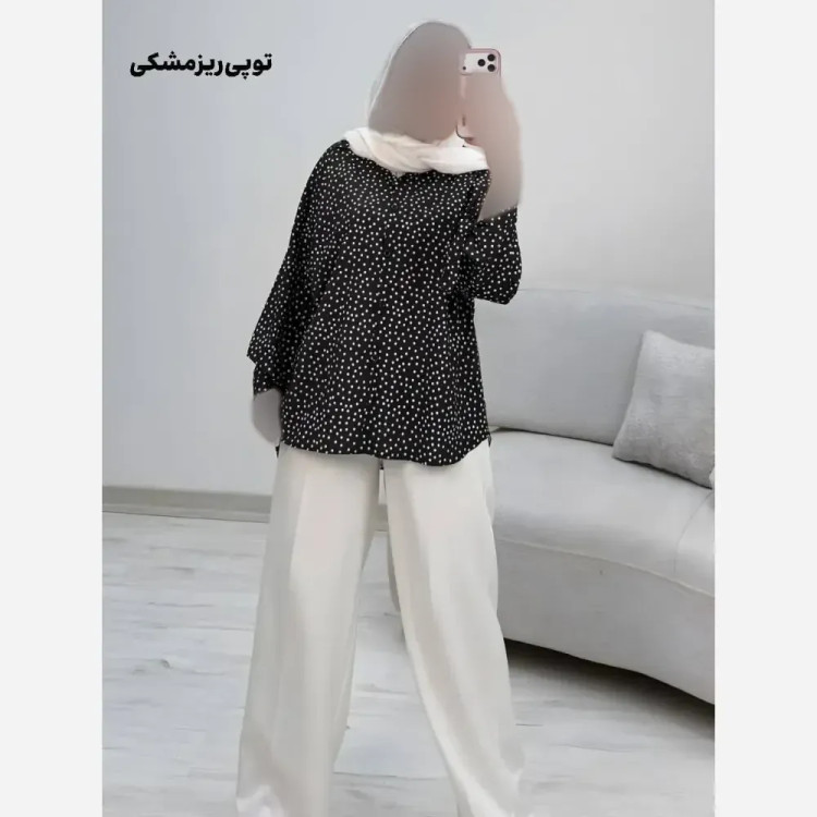 شومیز طرحدار چیچک کرپ الیزه چاپی فری سایز 38 تا 46 قد 135 قداستین 45 دوربازو 40 دورسینه 110 کمربنددار