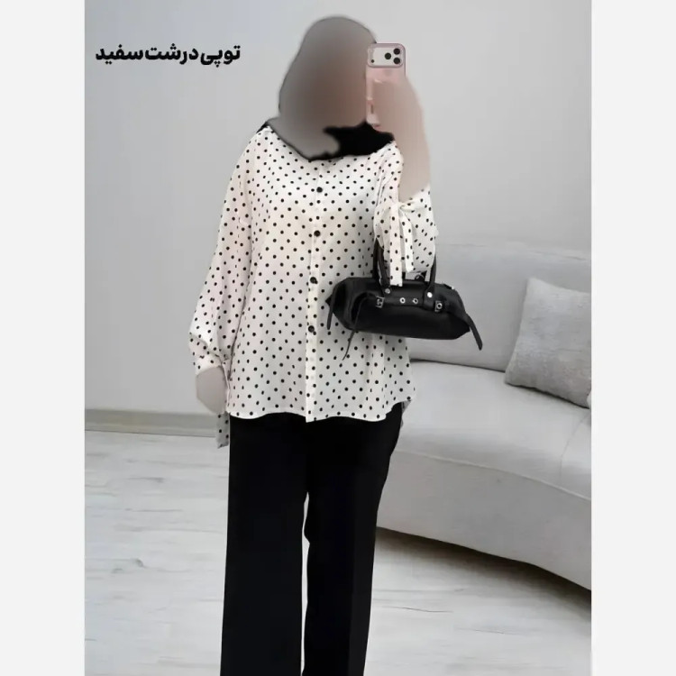 شومیز طرحدار چیچک کرپ الیزه چاپی فری سایز 38 تا 46 قد 135 قداستین 45 دوربازو 40 دورسینه 110 کمربنددار