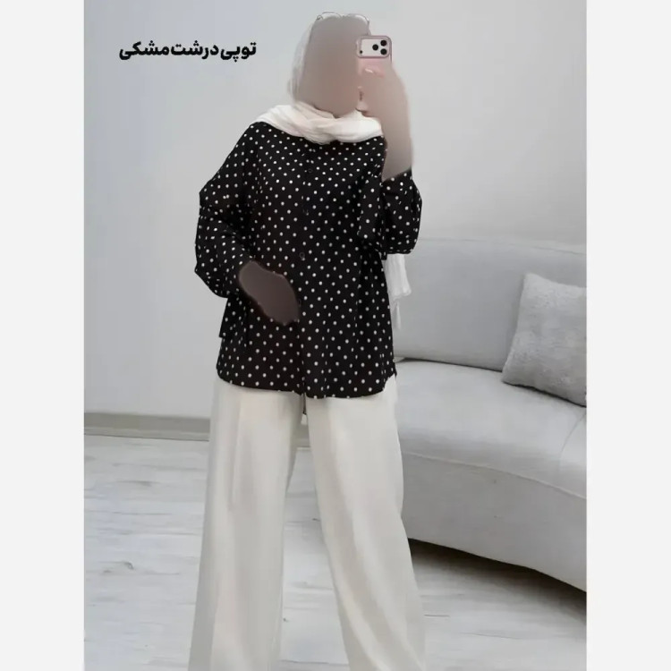 شومیز طرحدار چیچک کرپ الیزه چاپی فری سایز 38 تا 46 قد 135 قداستین 45 دوربازو 40 دورسینه 110 کمربنددار