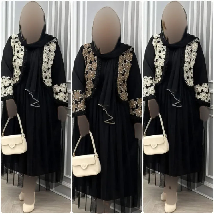 ست سه تیکه کت و دامن و شال مجلسی مدل روناک جنس مازراتی خرجکار هندی و تور رنگ موکا و کرم سایز فری 38 تا 46