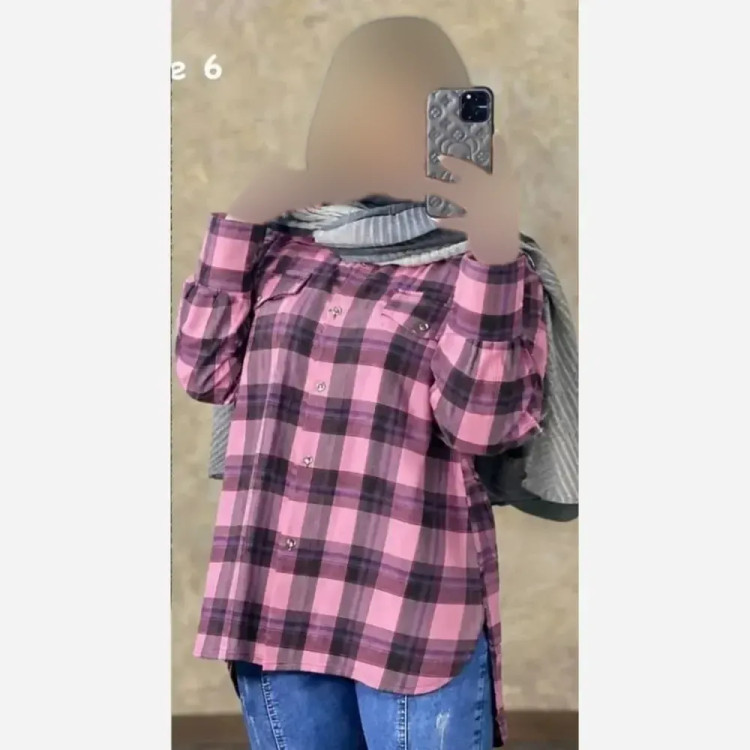 مانتو چهارخونه کتان نخ صورتی فری سایز تا 46