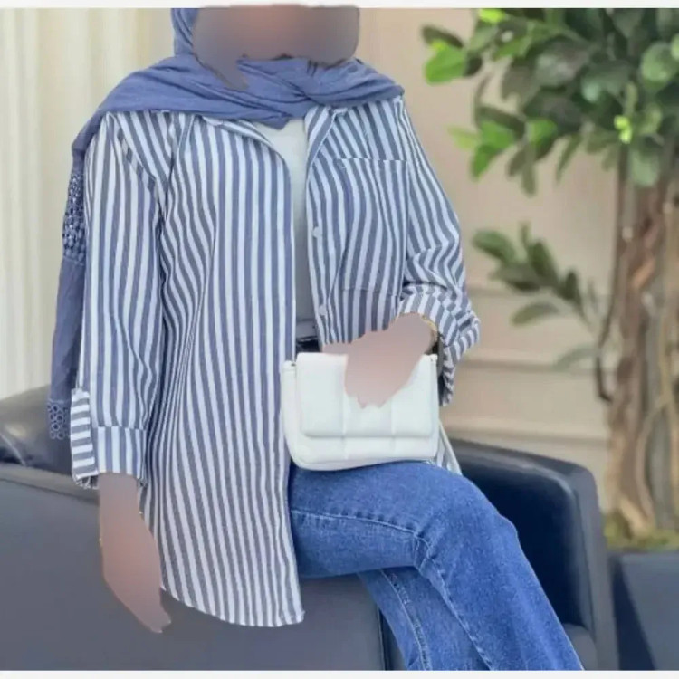 شومیز راه راه لینن تابستانه خنک آستین پاگن دار جیب دار سایز 36 تا 46