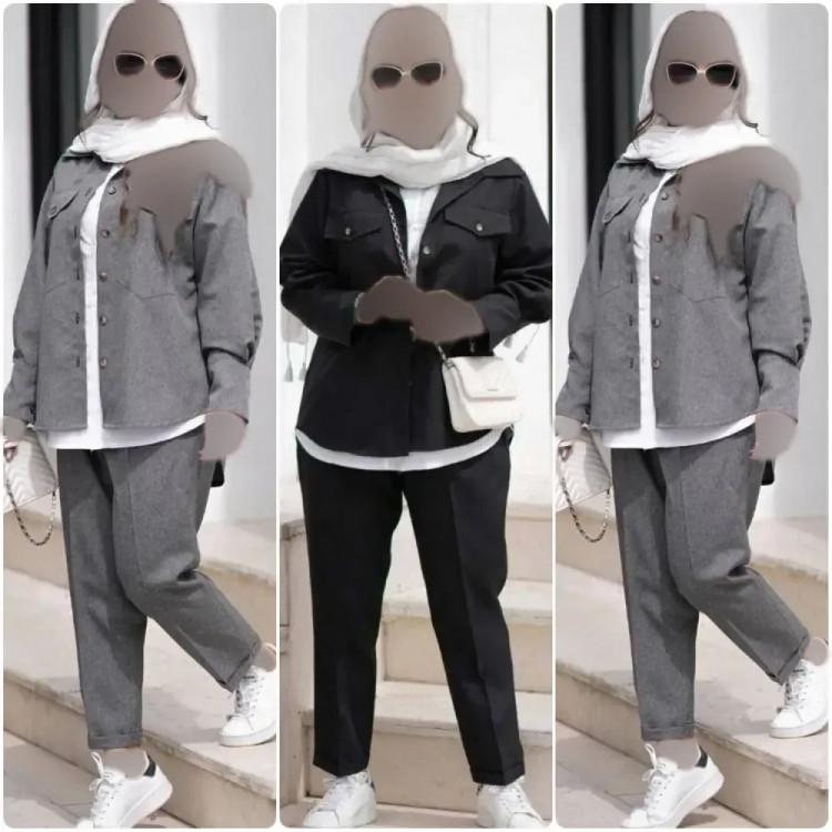 ست سه تیکه زنانه مدل مریم جنس پرشین مکانیک و شومیز داکرون رنگ مشکی و طوسی سایز فری سایز