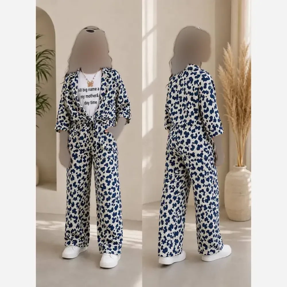 ست سه تیکه دخترانه شومیز گره ای تاپ و شلوار نیم بگ طرح پلنگی