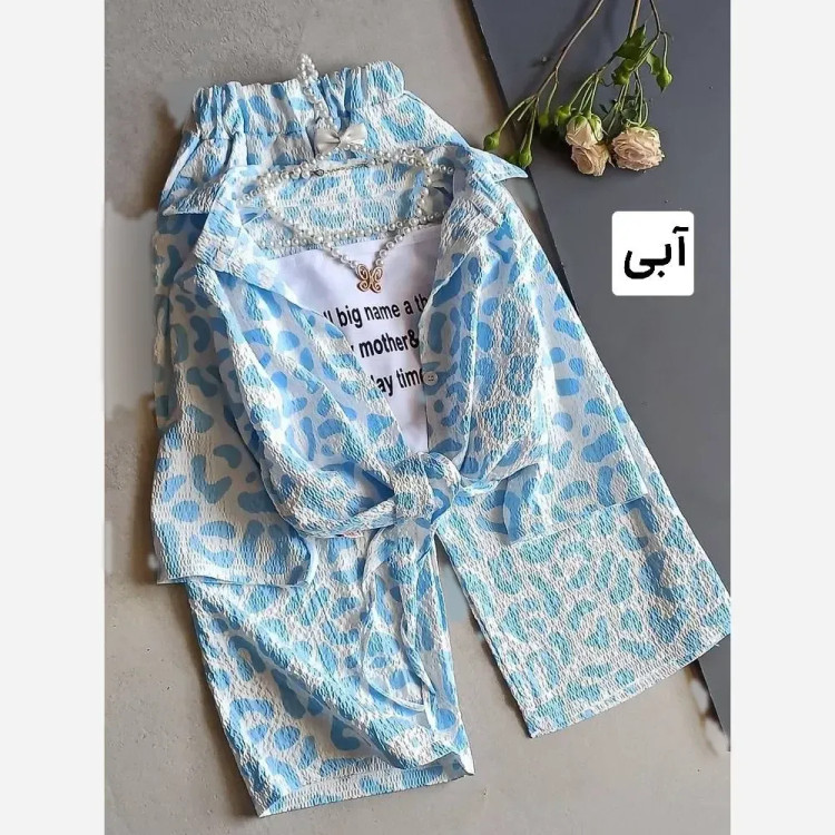 ست سه تیکه دخترانه شومیز گره ای تاپ و شلوار نیم بگ طرح پلنگی