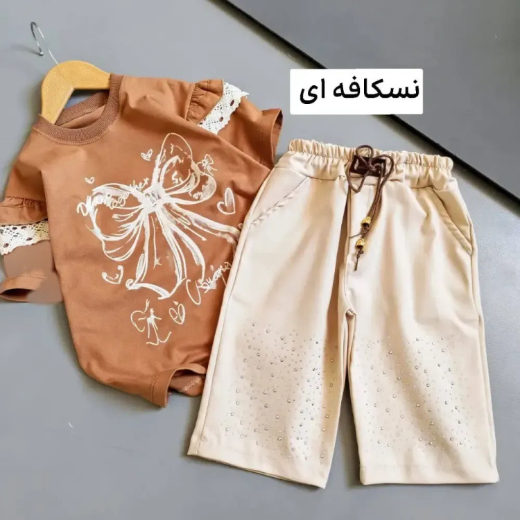 ست تیشرت و شلوارک دخترانه مدل پرنسس آستین چیندار و شلوارک کتان بنگال نگیندار سایز 45 تا 60
