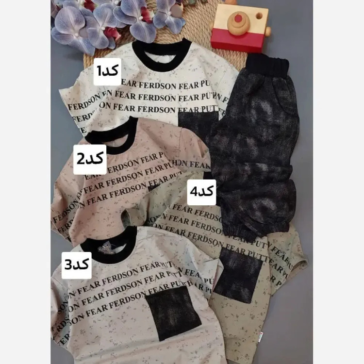 بلوز و شلوار بچگانه آستین کوتاه پنبه دورس طرح دار یقه مشکی سایز 40 تا 55