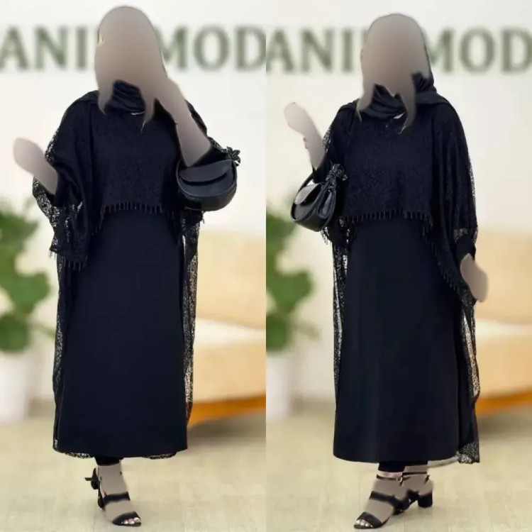 ست دانتل سرمه زنانه مشکی کرپ بوگاتی گیپور فری سایز 38 تا 46