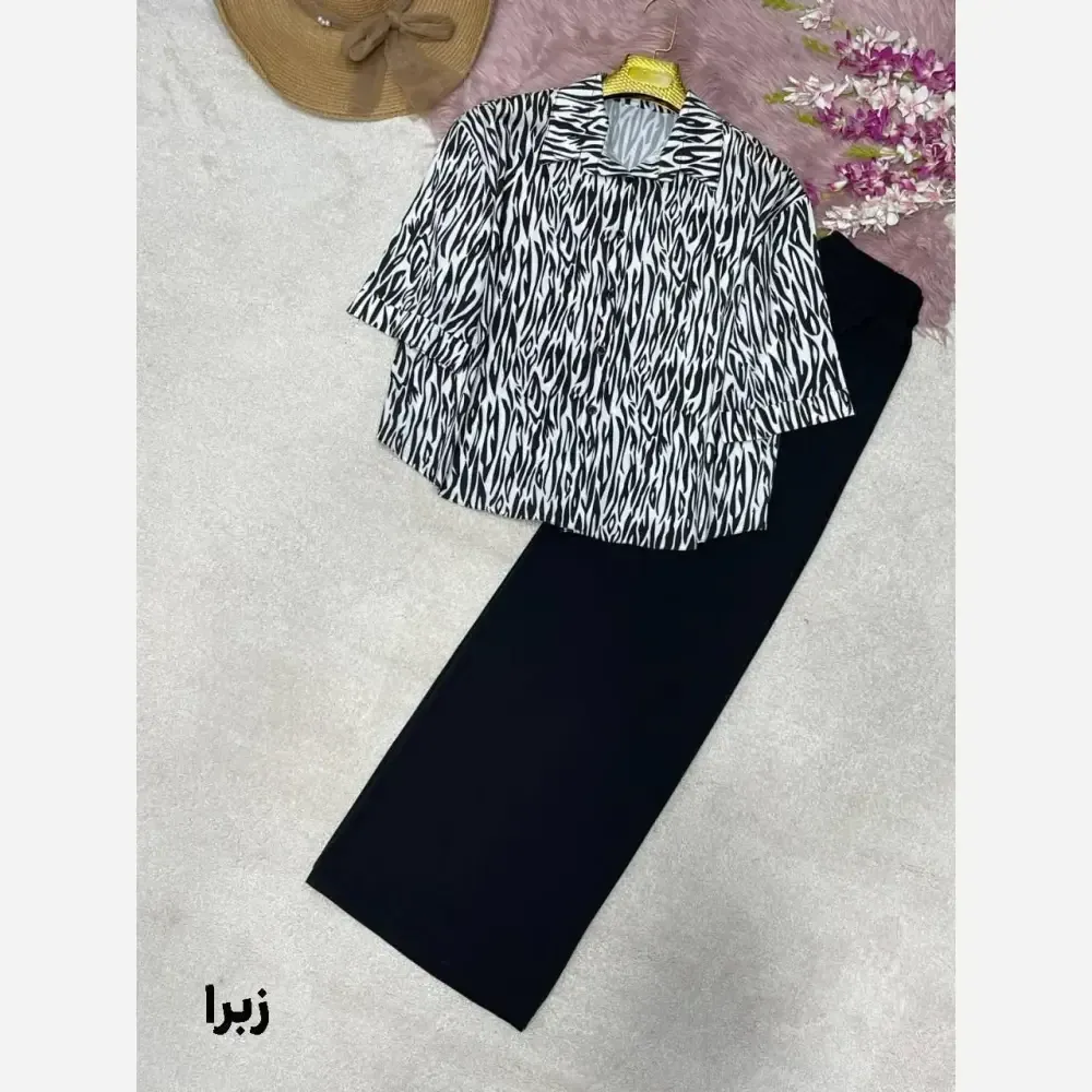 ست شومیز و شلوار طرح دار کرپ بوگاتی فری سایز 38 تا 46