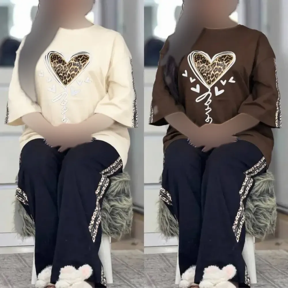 ست لباس راحتی زنانه طرح قلب جنس پنبه گلکسی فری سایز